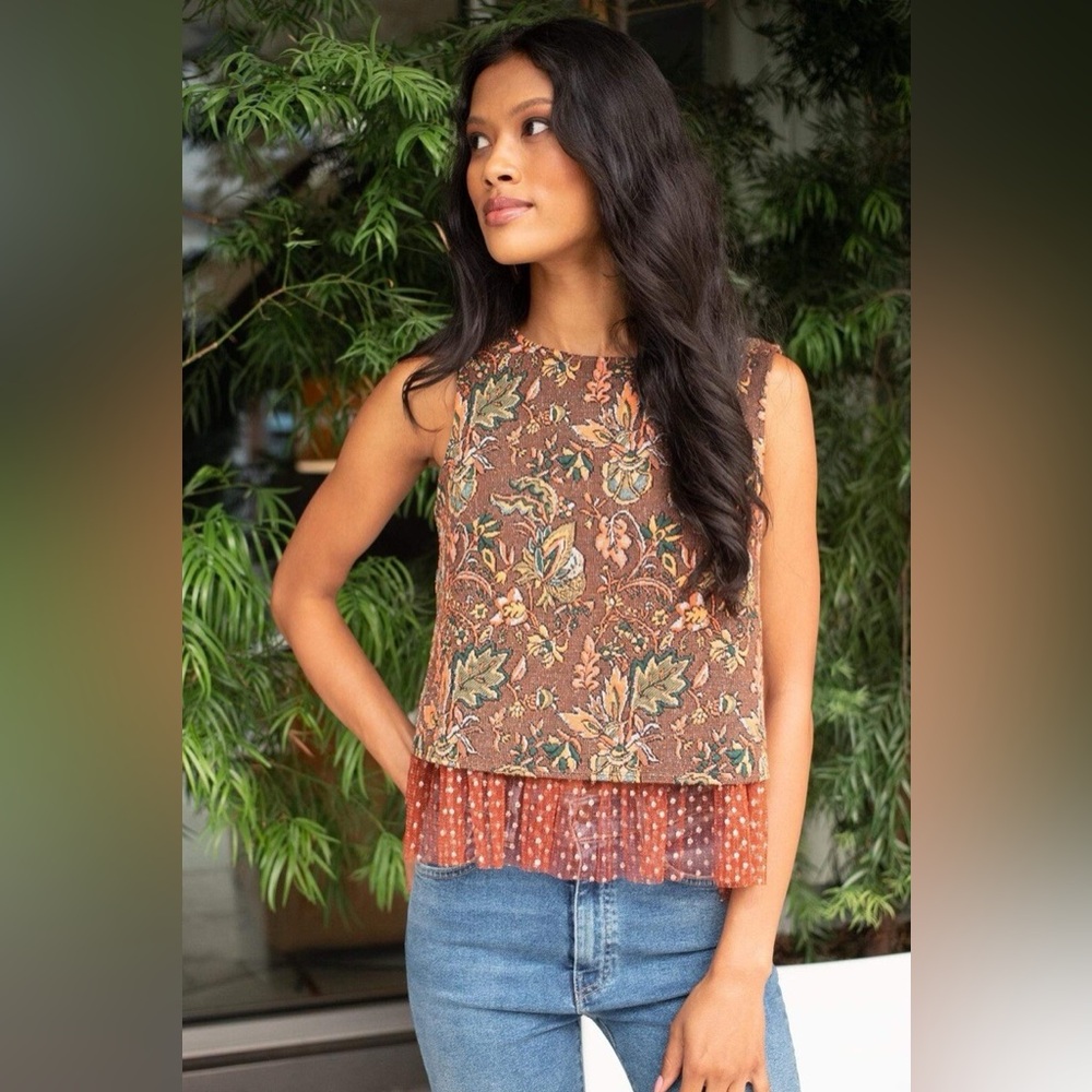 Anthropologie Eva Franco Jacquard Sleeveless Brown Floral Top